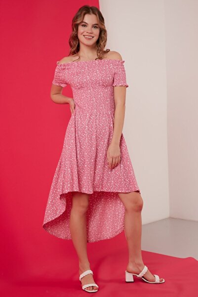 Lela Çiçekli Önü Kısa Arkası Uzun Carmen Yaka Elbise Bayan Elbise 5864026