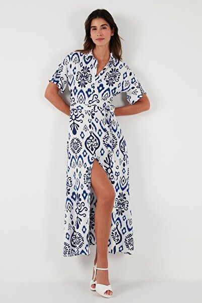 Lela Patterned Slit Shirt Collar Maxi Dress DRESS 611EL502