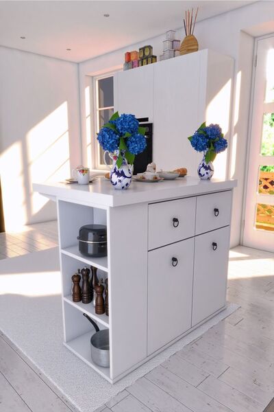 RAFİNERİ Şahin Ada Çok Amaçlı Mutfak Adası 2 Kapaklı Raflı Çekmeceli