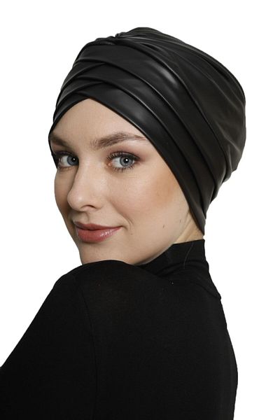 Fidan Three-Striped Leather Black Lined Ready-made Hijab Hijab Bonnet