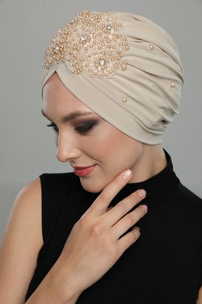 fidan bone Έτοιμο τουρμπάνι Hijab βραδινό καπό φόρεμα με σχισμή επένδυση και κεντημένο μπεζ μοτίβο δαντέλας