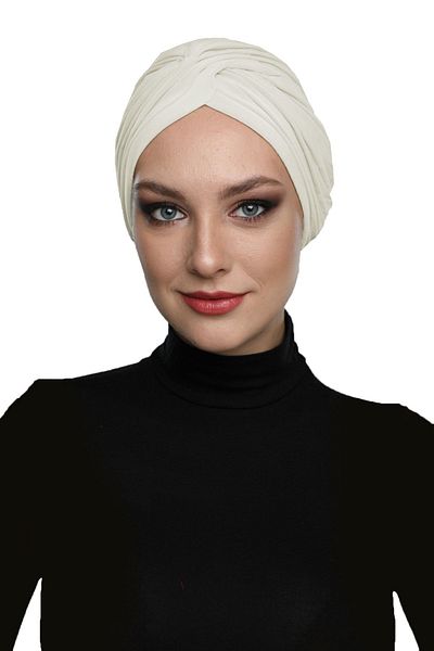 fidan bone قبعة حمام سباحة حجاب عمامة جاهزة باللون الكريمي مع أشرطة مضلعة