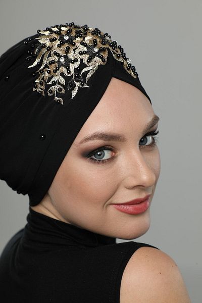 fidan bone Ripped Lined Embroidered Black Wide Threaded Motif Ready-made Hijab Hijab Evening Dress Bonnet