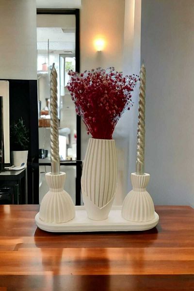 RAİSE STYLE Modern Patterned Vase and 2-Piece Candlestick Candle Holder Set with Gift and Decorative Oval Plate 4 Pieces Raw White