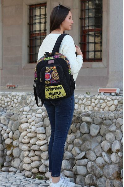 Old Cotton Cargo 5112 Elton Bag Patchwork Laptop School -ταξίδια -βαμβακερό ύφασμα μαύρο σακίδιο πλάτης