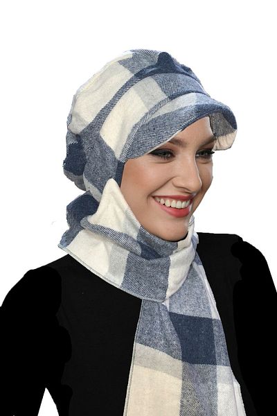 fidan bone Wool Cap Hat Scarf Plaid Patterned Blue-Cream Ready-made Turban Hijab Bonnet Beanie