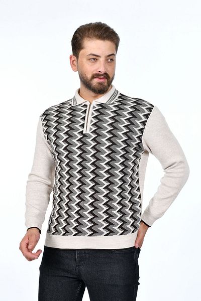 Kamalı Men's Winter Dad Sweater - Plaid Pattern, Shirt Collar, Zippered, Polo Collar, Non-Pilling Knitwear