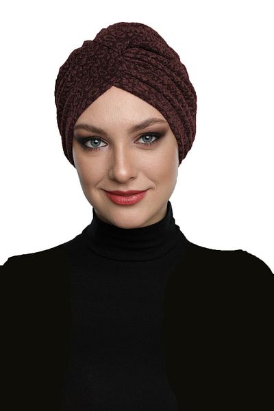 fidan bone Καπό Hijab Ready Turban με επένδυση καφέ με ταινία μπροκάρ