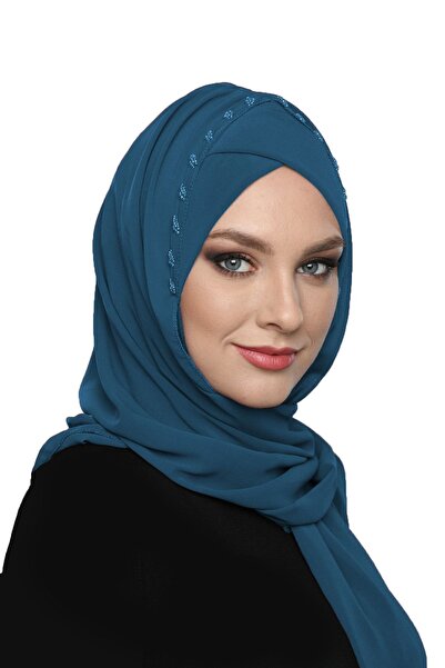 fidan bone Şallı Takmatik Taşlı Petrol Renk Hazır Türban Tesettür Bone Medika...