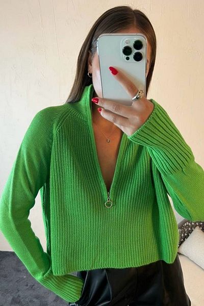 Mogi Butik Pulover supradimensionat din tricot cu fermoar cu gât rotic - Crop pentru femei 3038