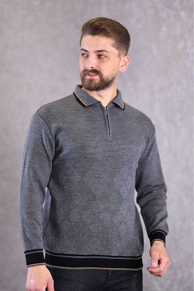 Kamalı Gray Men's Steel Knit Front Textured Shirt Collar Zippered Polo Collar Non-Pilling Knitwear Winter Sweater