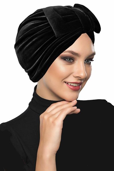 fidan bone Velvet Bow Lined Black Ready-made Hijab Hijab Bonnet