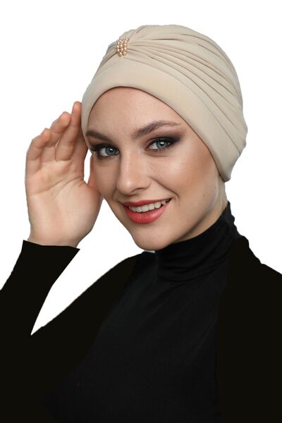 fidan bone Μπεζ έτοιμο καπό Hijab Turban με Πέρλες - Κεντημένο με Πέρλες