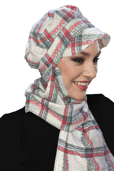 fidan bone Wool Cap Hat with Scarf Plaid Patterned Gray-Claret Red-Smoked Ready-made Turban Hijab Bonnet Beanie
