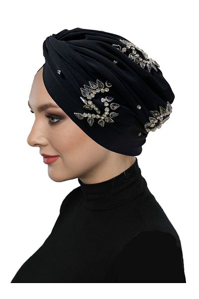 fidan bone Shining Hand Embroidered Black-Smoked S Pattern Lined Ready-made Hijab Hijab Evening Dress Bonnet