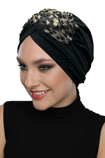 fidan bone Ripped Lined Embroidered Black Threaded Motif Ready-made Hijab Hijab Evening Dress Bonnet