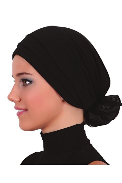 fidan bone حجاب جاهز أسود مع طبقات من الأورجانزا وورود على الظهر، مناسب للاست...