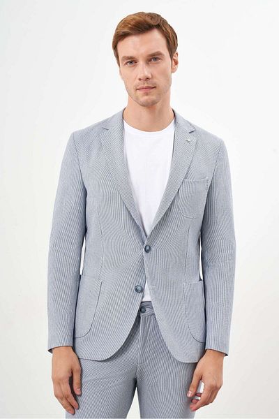 Morven Men's A. Blue Slim Fit Striped Polyviscose Suit - Mono Collar