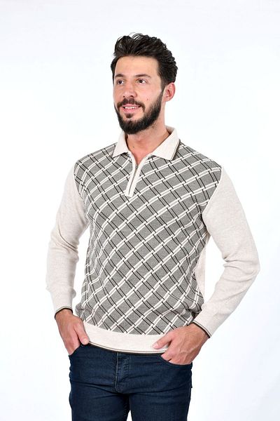 Kamalı Men's Steel Knit Shirt Collar Zippered Polo Collar Argyle Pattern Non-Pilling Knitwear Winter Dad Sweater
