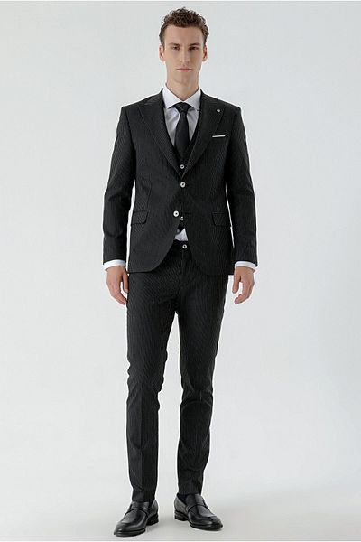 Morven Men's Black Polyviscon Trend Vest Striped Pattern Slim Fit Pointed Collar Suit