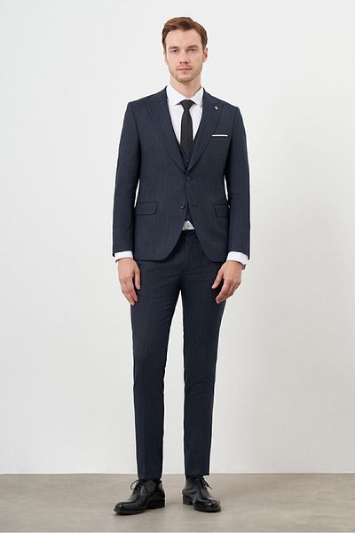 Morven Navy Blue Slim Fit Polyviscon Suit - Vest Patterned, Pointed Collar
