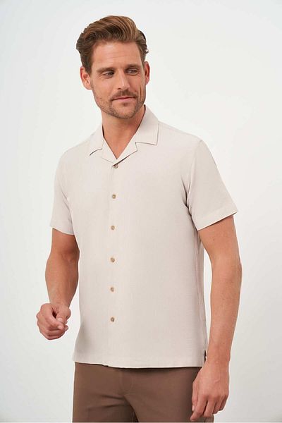 Morven Men's Beige Viscon Apache Collar Regular Fit Short Sleeve Shirt