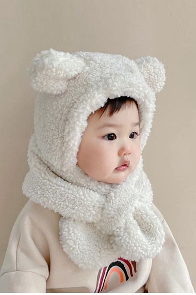 Bundeba Avis White Children's Hooded Plush Beanie Scarf Welsoft Neck Collar Windproof Hat with Ears