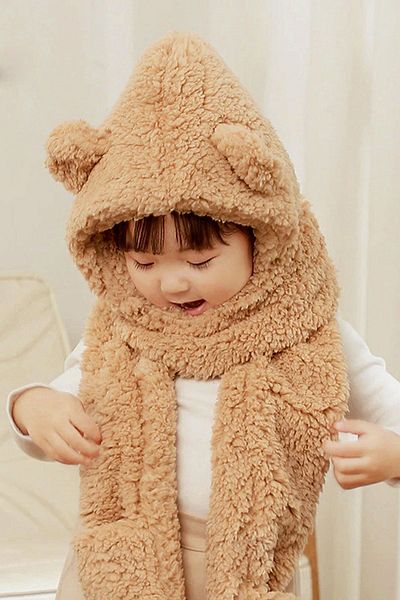 Bundera Babykid Children's Hooded Plush Beanie Scarf Gloves Welsoft Neck Collar Windproof Ear Hat Brown