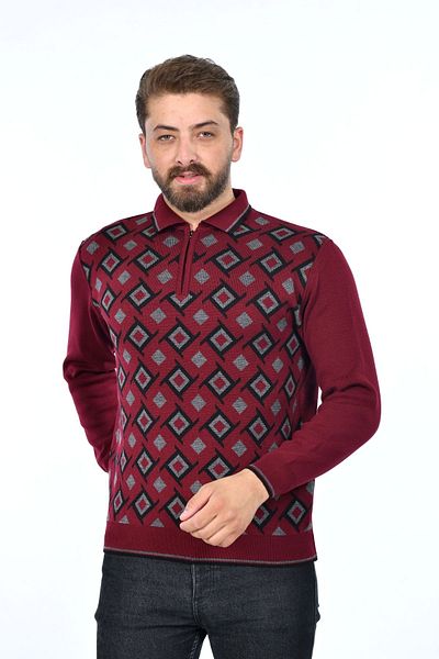 Kamalı Men's Steel Knitted Shirt Collar Zippered Polo Collar Houndstooth Anti-Pilling Knitwear Winter Dad Sweater