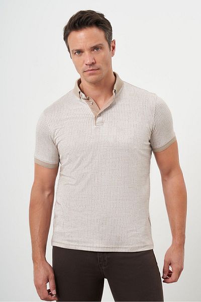 Morven Men's Beige Trend Mercerized Jacquard Pattern Buttoned Collar Dynamic Fit T-Shirt