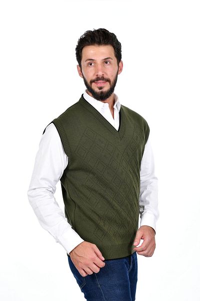 Kamalı Tricotaje groase pentru bărbați kaki cu decolteu în V - Pulovere de iarnă Intersiye din tricot din oțel