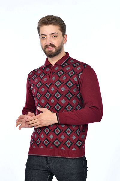 Kamalı Men's Steel Knitted Shirt Collar Zippered Polo Collar Houndstooth Anti-Pilling Knitwear Winter Dad Sweater