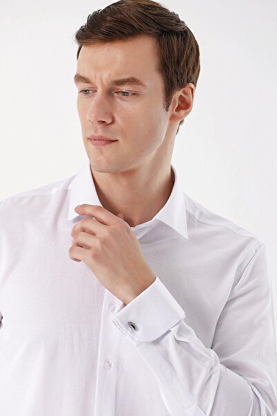 Morven Ανδρικό πουκάμισο με μασίφ γιακά με μανσέτα, λευκό Juliet Jacquard