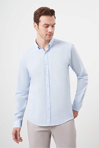 Morven Ανδρικό Α. ΜΠΛΕ Βαμβακερό καρό πουκάμισο με κουμπιά γιακά με λεπτή εφαρμογή