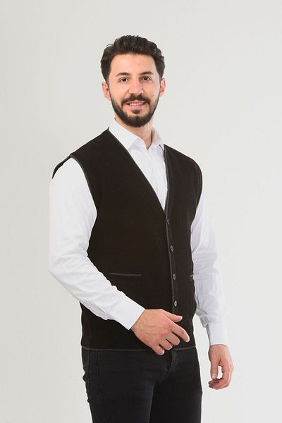 Kamalı Black Men's V-Neck Knitwear Buttoned Pocket Line Patterned Regular Fit Non-Pilling Knitted Vest