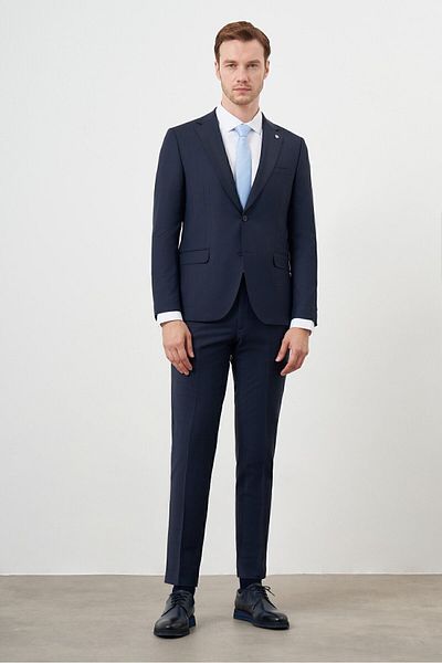 Morven Navy Blue Slim Fit Platinum Plaid Men's Suit - Mono Collar