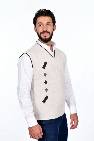 Kamalı Cream Men's Steel Knit Winter Thick Knitwear V-Neck Knitwear Knit Non-Pilling Jumpers