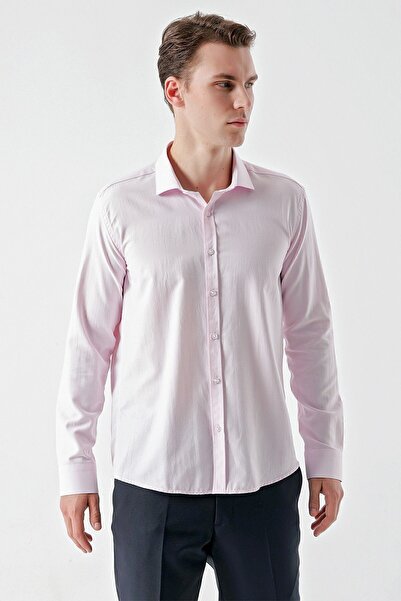 Morven Men's Pink Trend Jacquard Pattern Italian Collar Slim Fit Shirt
