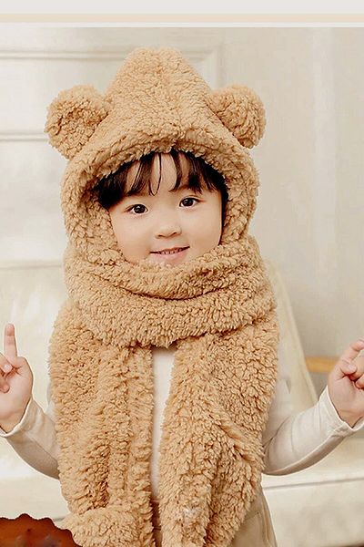 Bundeba Babykid Coffee Kids Hooded Plush Beanie Scarf Gloves Welsoft Neck Collar Windproof Hat with Ears