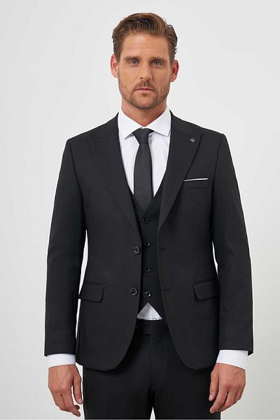Morven Men's Black Polyviscon Basic Jacquard Pattern Slim Fit Pointed Collar Suit