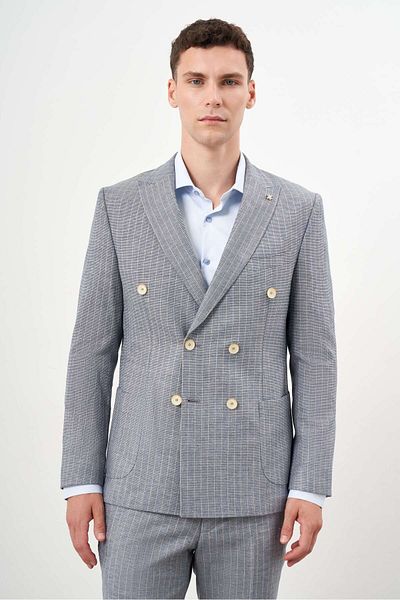Morven Navy Blue Linen Slim Fit Suit - Double Breasted Pointed Collar