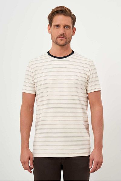 Morven Men's Beige Trend Natur Striped Crew Neck Dynamic Fit T-Shirt