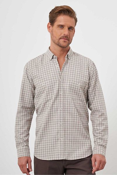 Morven Men's Beige Trend Plaid Regular Fit Buttoned Collar Lumberjack Shirt