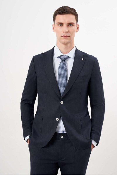 Morven Men's Slim Fit Navy Blue Polyviscose Suit - Trend Patterned, Mono Collar