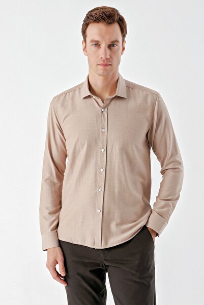 Morven قميص رجالي بني اللون بنمط الجاكار ذو الياقة الإيطالية بقصة ضيقة