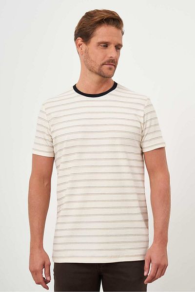 Morven Men's Beige Trend Natur Striped Crew Neck Dynamic Fit T-Shirt