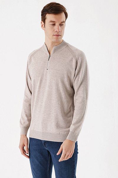 Morven Men's Beige Zippered High Collar Dynamic Fit Patterned Knitwear Sweater