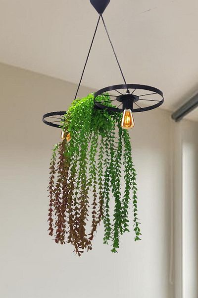 Bundera Bicycle Wheel Flower Pot Chandelier Metal Pendant Lamp Wrought Iron Rustic Office Cafe Balcony Decorative Ceiling Lamp