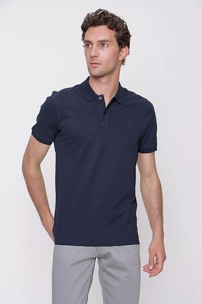 Morven Men's Navy Blue Basic Plain 100% Cotton Slim Fit Slim Fit Short Sleeve Polo Collar T-Shirt
