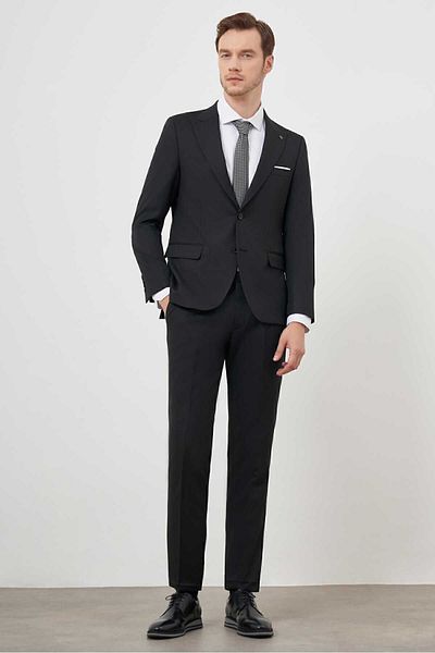 Morven Men's Black Polyviscon Basic Jacquard Pattern Slim Fit Pointed Collar Suit